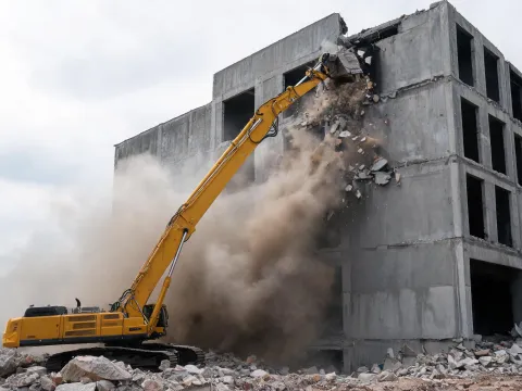 Building demolition with high-reach excavator